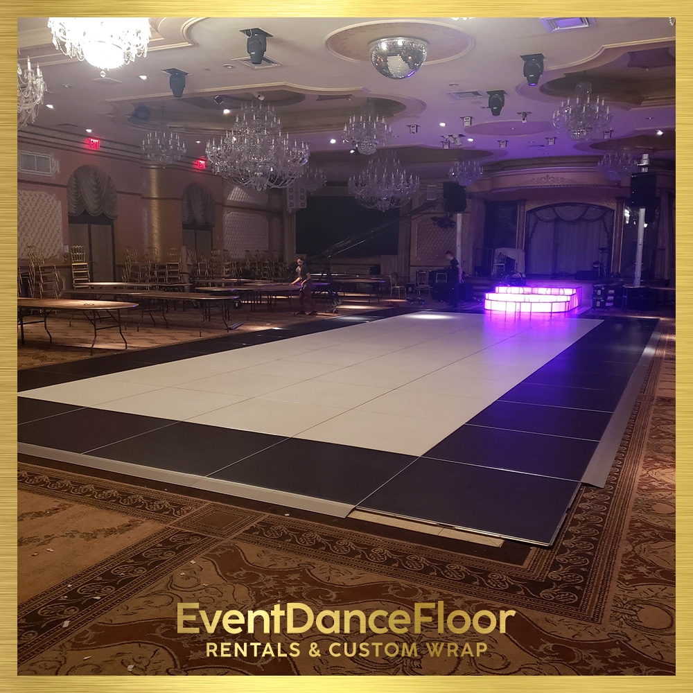 How do black and white checkered dance tiles contribute to the overall ambiance of a dance studio or event space?